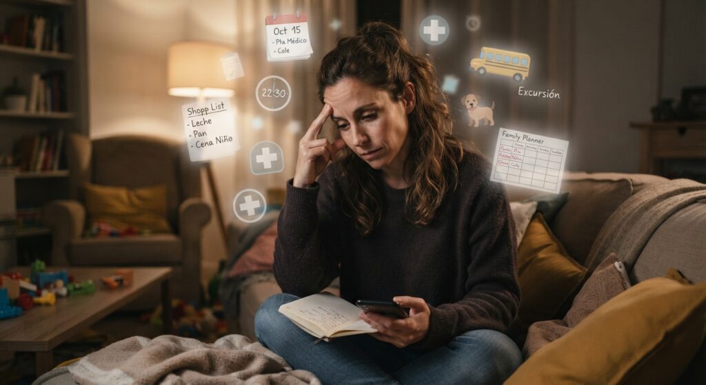 Mujer sentada en el sofá con expresión de cansancio, rodeada de iconos flotantes que representan listas de tareas y recordatorios mentales, ilustrando el concepto de carga mental en la pareja.