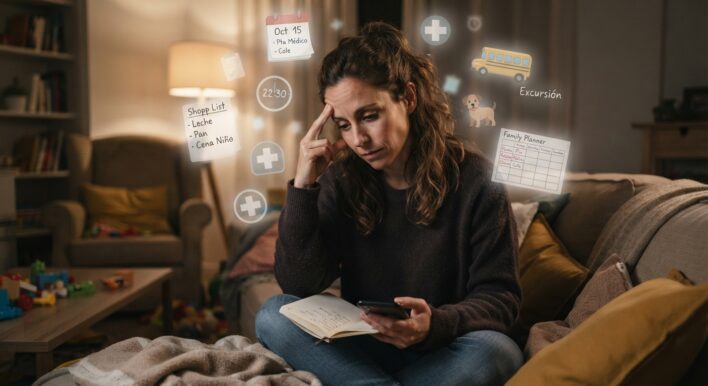 Carga mental en la pareja – Agotamiento invisible Mujer sentada en el sofá con expresión de cansancio, rodeada de iconos flotantes que representan listas de tareas y recordatorios mentales, ilustrando el concepto de carga mental en la pareja.