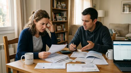 Desacuerdos económicos en la pareja Pareja sentada frente a una mesa revisando facturas y cuentas con expresión de preocupación.