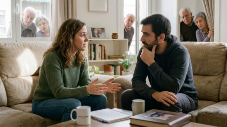 Pareja conversando preocupada en el salón mientras los suegros observan e interfieren al fondo desde la ventana.