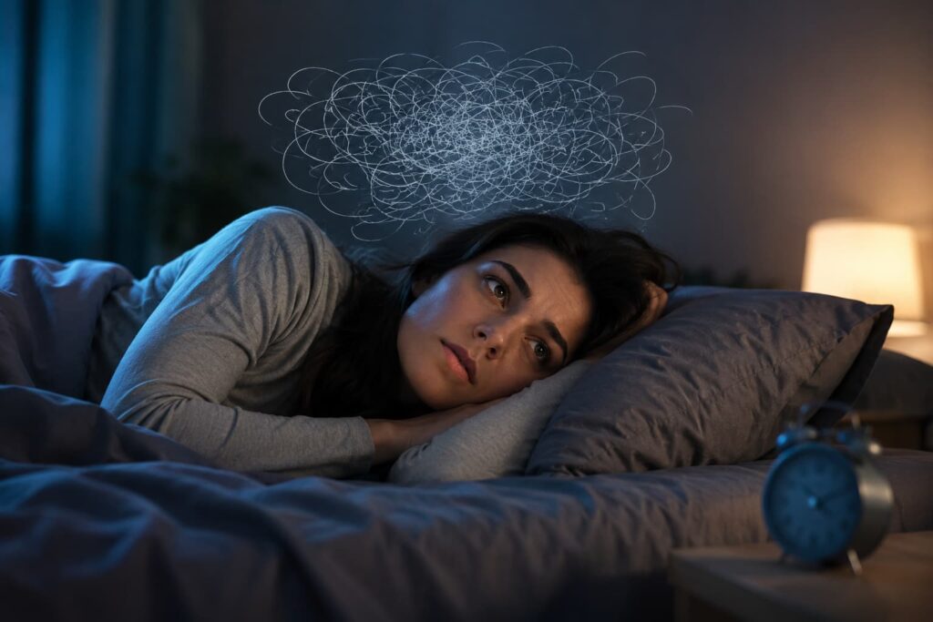 Mujer acostada en la cama pensando excesivamente debido a la rumiación mental y la ansiedad.