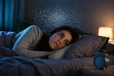 ¿Por qué sobrepienso todo? La rumiación mental Mujer acostada en la cama pensando excesivamente debido a la rumiación mental y la ansiedad.